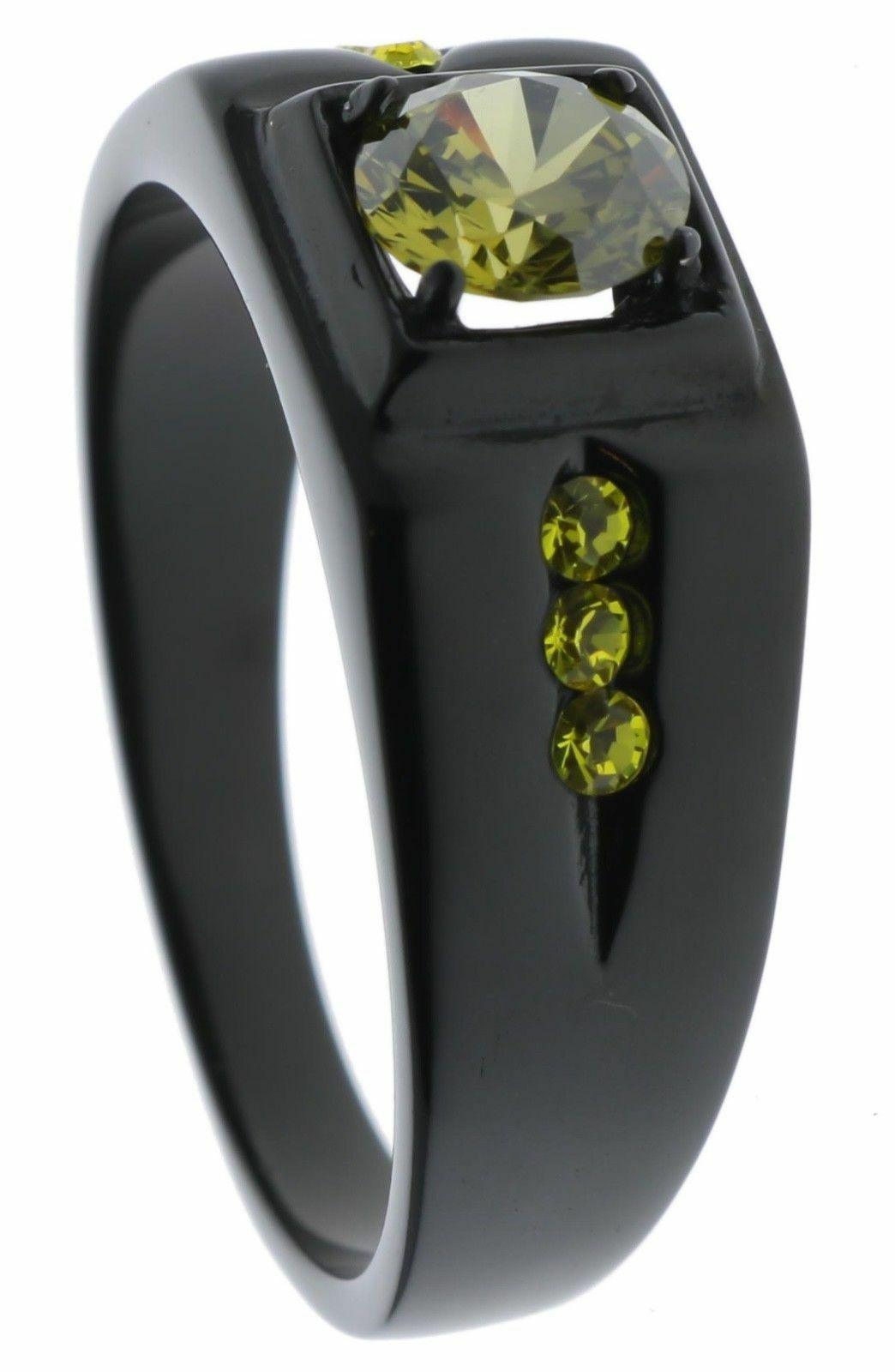 Anillo verde oliva amarillo hombre con circonitas redondas de acero inoxidable de iones negros - Jewelry Store by Erik Rayo