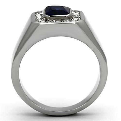 Anillo zafiro azul de hombre rectangular de acero inoxidable oscuro de Montana CZ y corte esmeralda - Jewelry Store by Erik Rayo