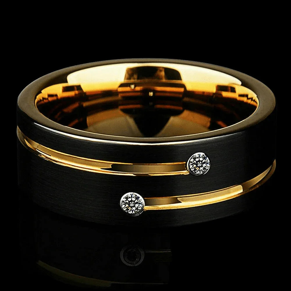 Men's Band Ring Tungsten Carbide 8mm Vegas Black and Gold - Jewelry Store by Erik Rayo