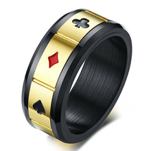 Load image into Gallery viewer, Band Ring Card Suits Size 8-12 Stainless Steel Black &amp; Gold Grooved Spinning Hearts Diamonds Clubs Spades - Jewelry Store by Erik Rayo
