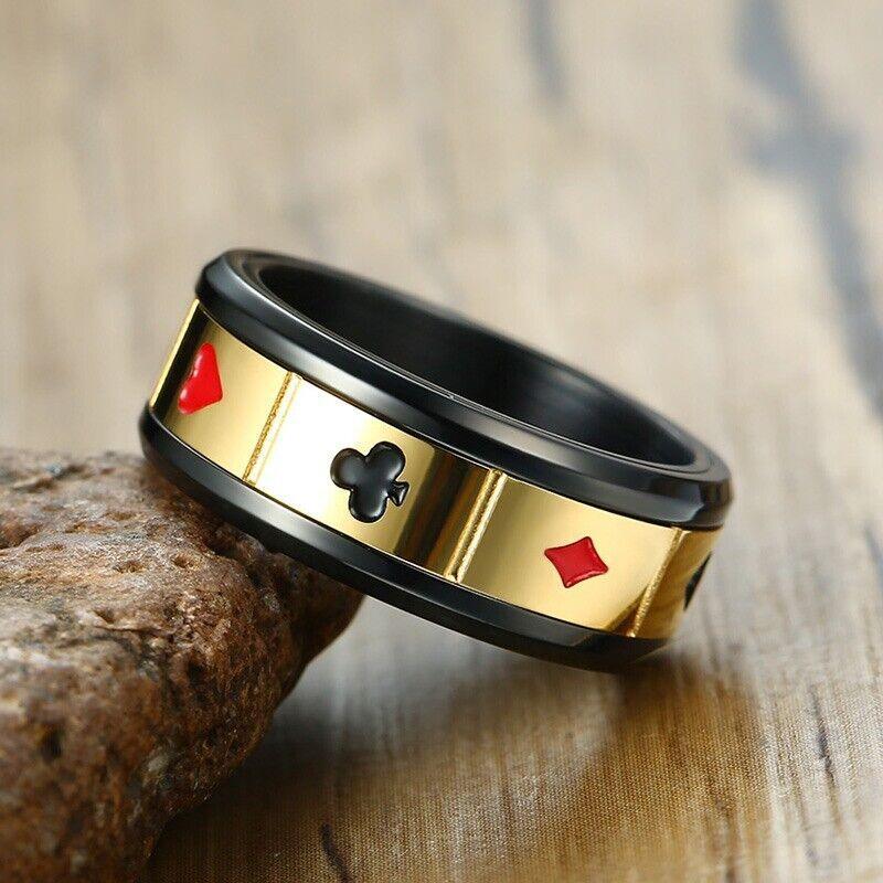 Band Ring Card Suits Size 8-12 Stainless Steel Black & Gold Grooved Spinning Hearts Diamonds Clubs Spades - Jewelry Store by Erik Rayo