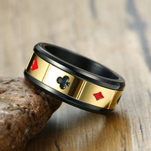 Load image into Gallery viewer, Band Ring Card Suits Size 8-12 Stainless Steel Black &amp; Gold Grooved Spinning Hearts Diamonds Clubs Spades - Jewelry Store by Erik Rayo
