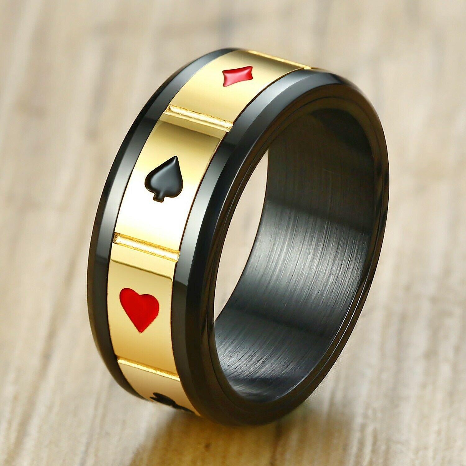 Band Ring Card Suits Size 8-12 Stainless Steel Black & Gold Grooved Spinning Hearts Diamonds Clubs Spades - Jewelry Store by Erik Rayo