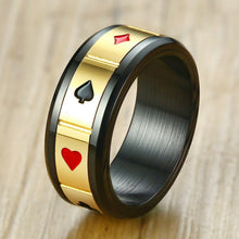 Load image into Gallery viewer, Band Ring Card Suits Size 8-12 Stainless Steel Black &amp; Gold Grooved Spinning Hearts Diamonds Clubs Spades - Jewelry Store by Erik Rayo
