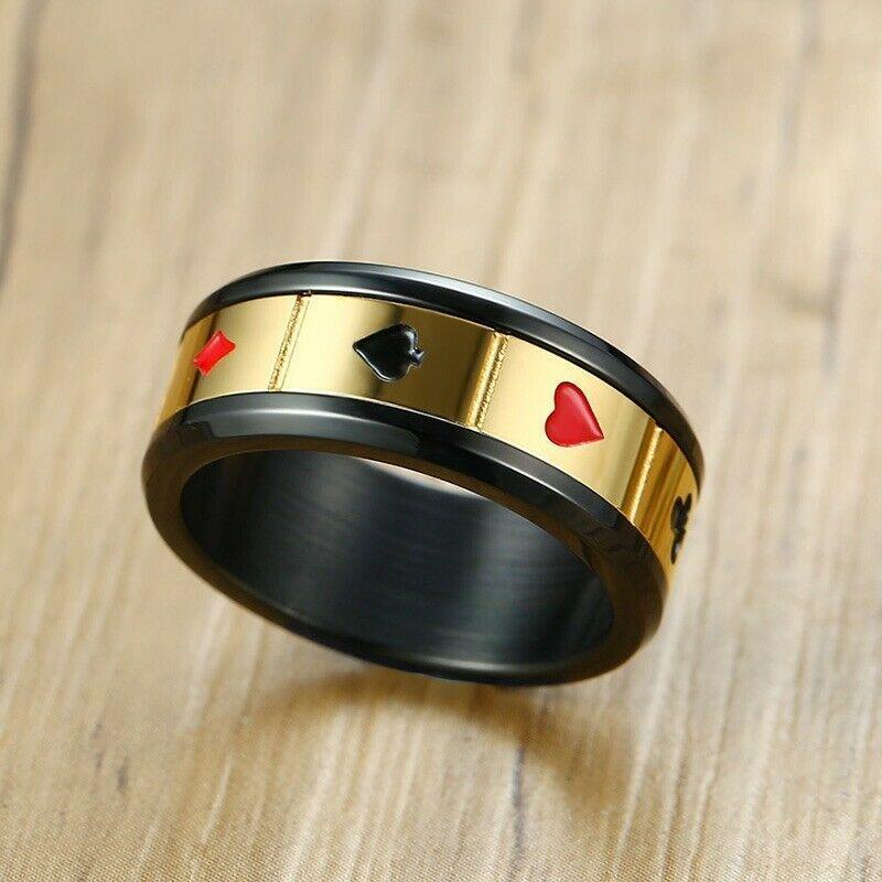 Band Ring Card Suits Size 8-12 Stainless Steel Black & Gold Grooved Spinning Hearts Diamonds Clubs Spades - Jewelry Store by Erik Rayo