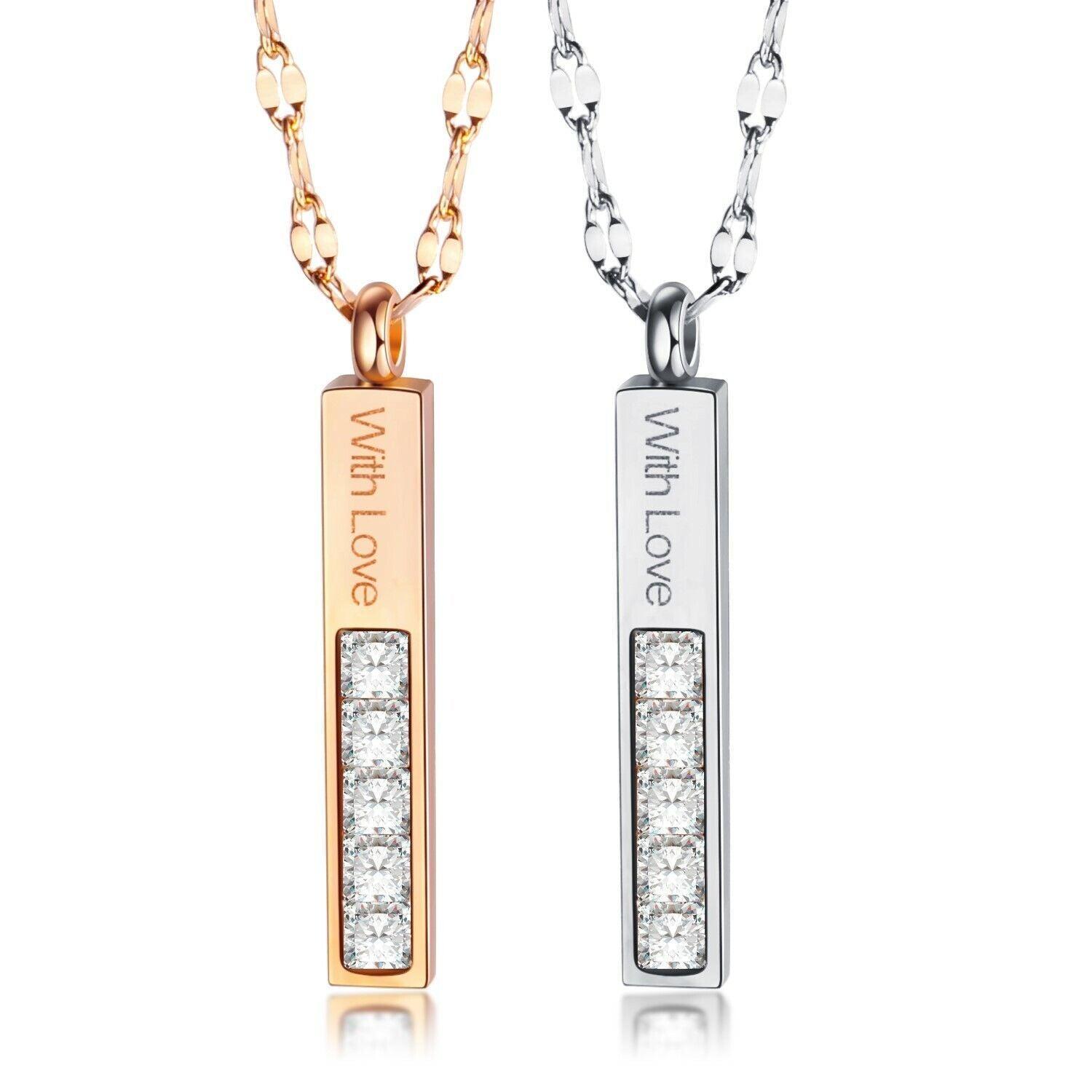 Bar Pendant Necklace Stainless Steel Silver or Rose Gold Plated "With Love" CZ - Jewelry Store by Erik Rayo