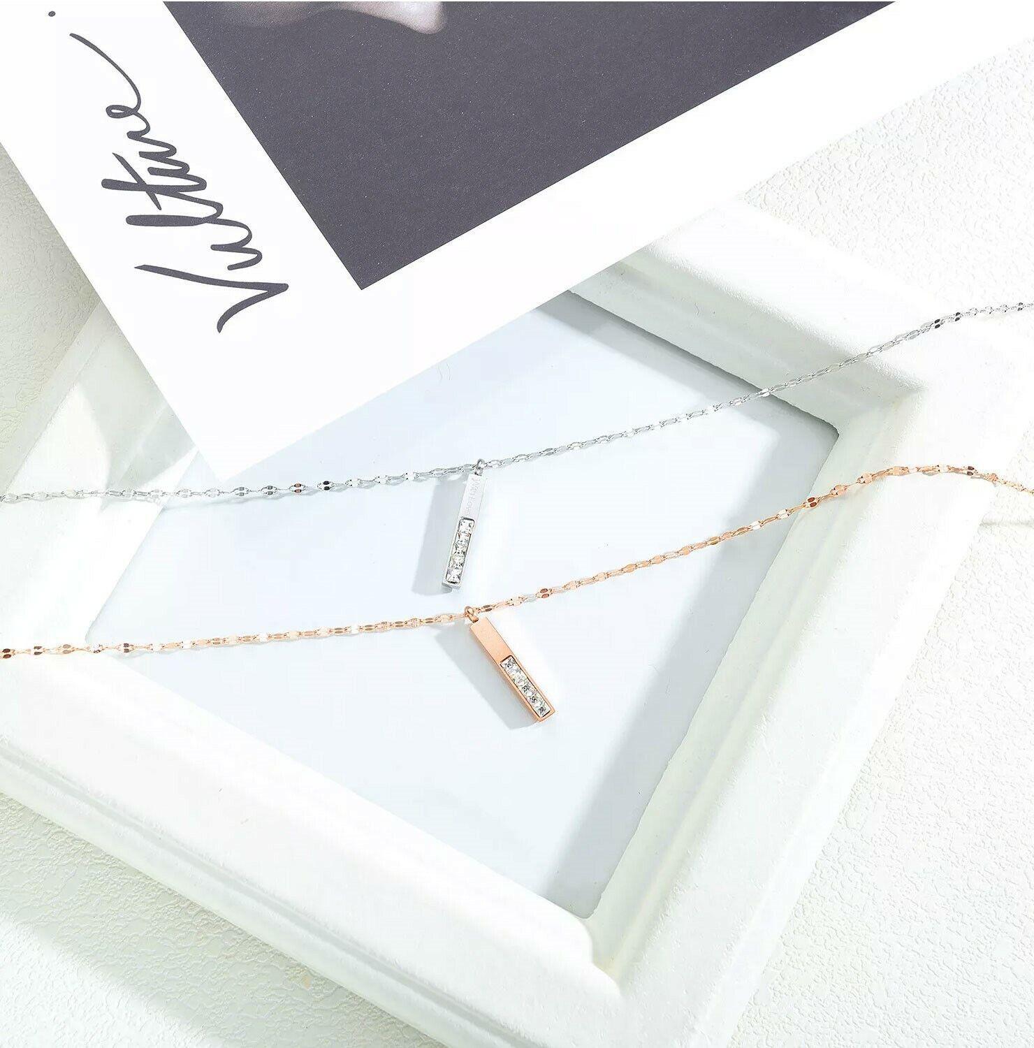 Bar Pendant Necklace Stainless Steel Silver or Rose Gold Plated "With Love" CZ - Jewelry Store by Erik Rayo