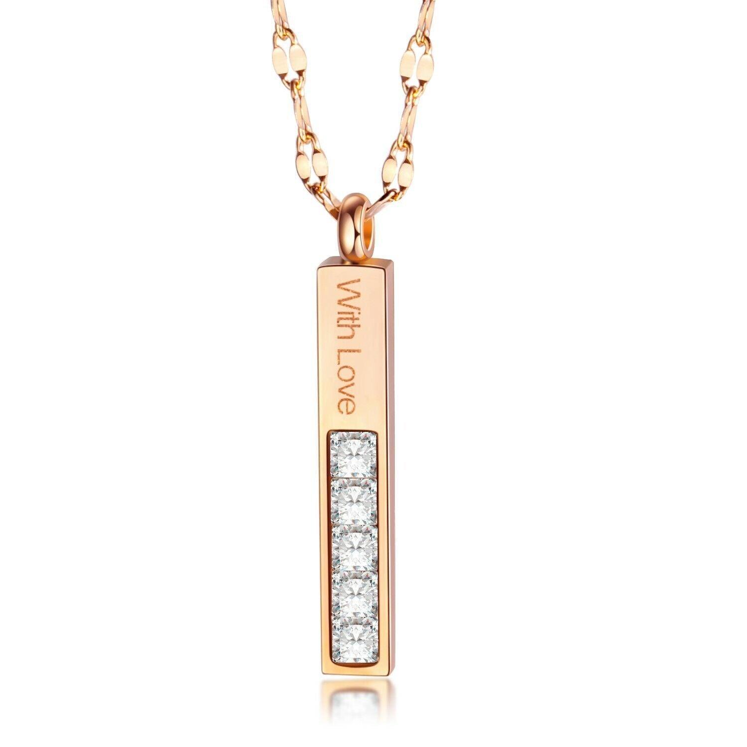 Bar Pendant Necklace Stainless Steel Silver or Rose Gold Plated "With Love" CZ - Jewelry Store by Erik Rayo