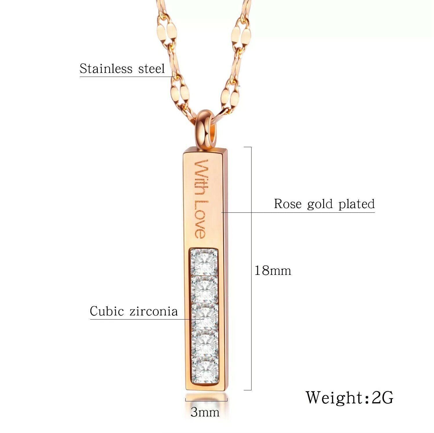 Bar Pendant Necklace Stainless Steel Silver or Rose Gold Plated "With Love" CZ - Jewelry Store by Erik Rayo