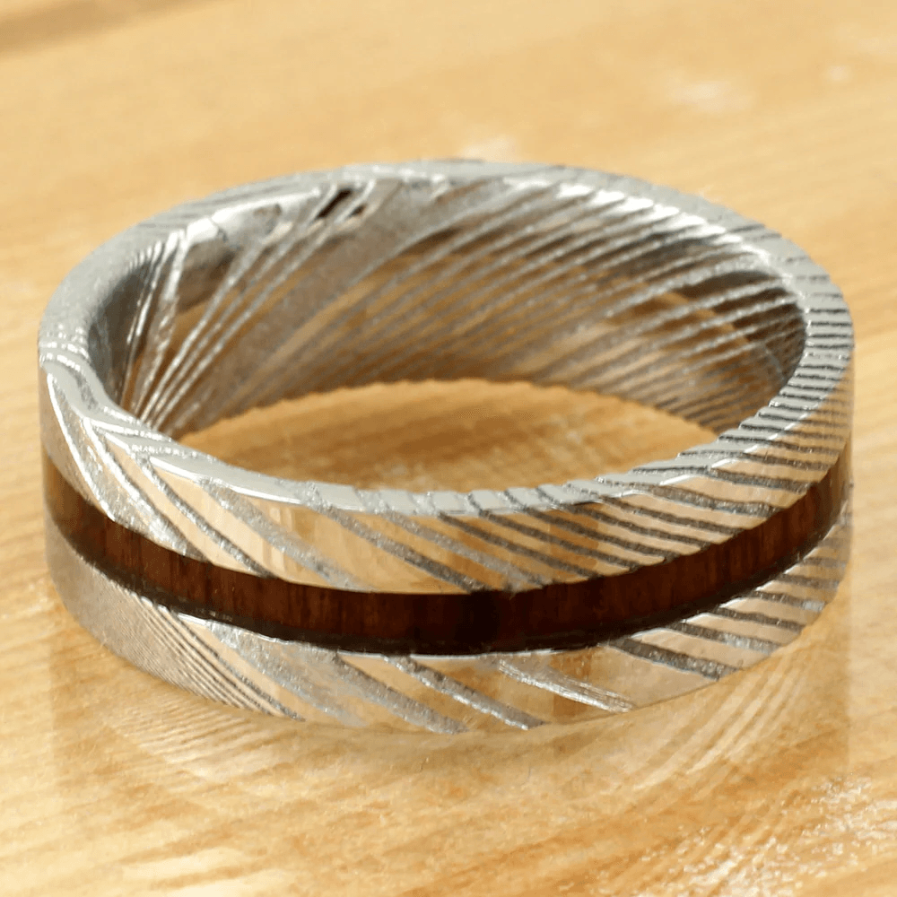 Damascus Steel Wedding Band Ring for Men Black Tungsten Carbide Sandalwood Inlay - Jewelry Store by Erik Rayo