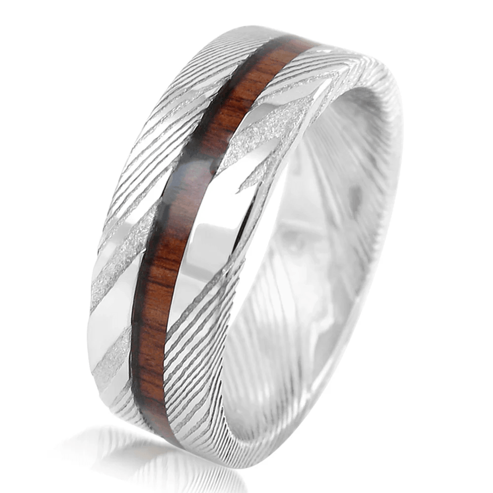 Damascus Steel Wedding Band Ring for Men Black Tungsten Carbide Sandalwood Inlay - Jewelry Store by Erik Rayo