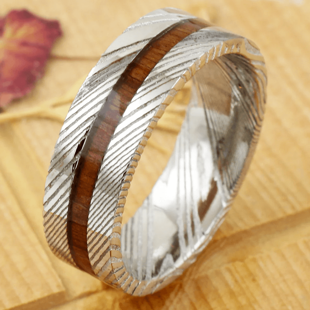 Damascus Steel Wedding Band Ring for Men Black Tungsten Carbide Sandalwood Inlay - Jewelry Store by Erik Rayo