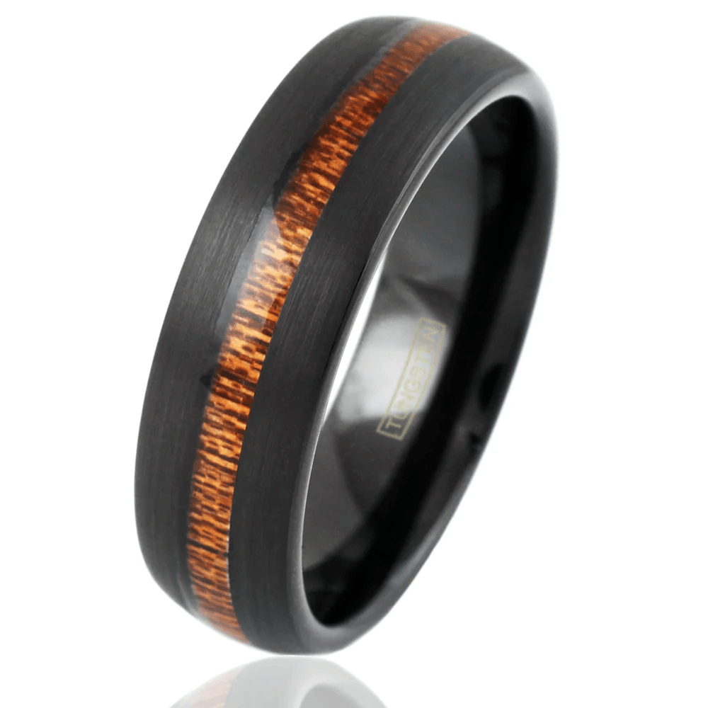 Wood Black Wedding Band Ring for Men Black Tungsten Carbide Center Koa Wood Brushed Finish - Jewelry Store by Erik Rayo