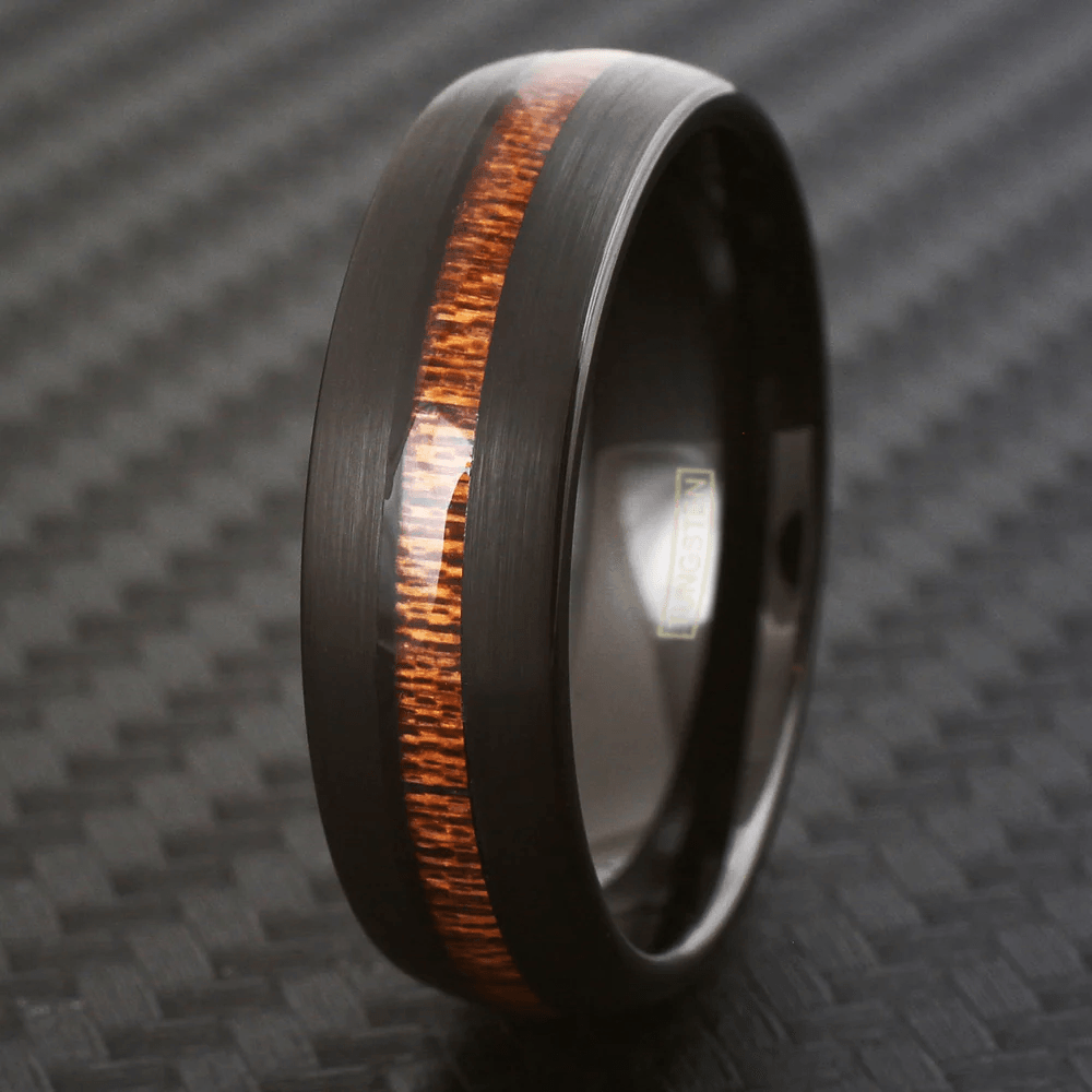 Wood Black Wedding Band Ring for Men Black Tungsten Carbide Center Koa Wood Brushed Finish - Jewelry Store by Erik Rayo