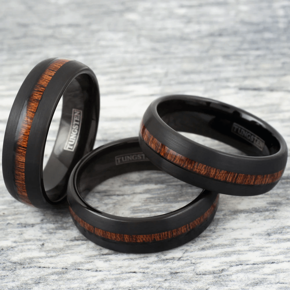 Wood Black Wedding Band Ring for Men Black Tungsten Carbide Center Koa Wood Brushed Finish - Jewelry Store by Erik Rayo