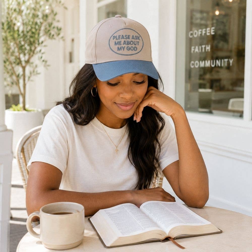 Hat - Please Ask Me About My God - Blue/Tan