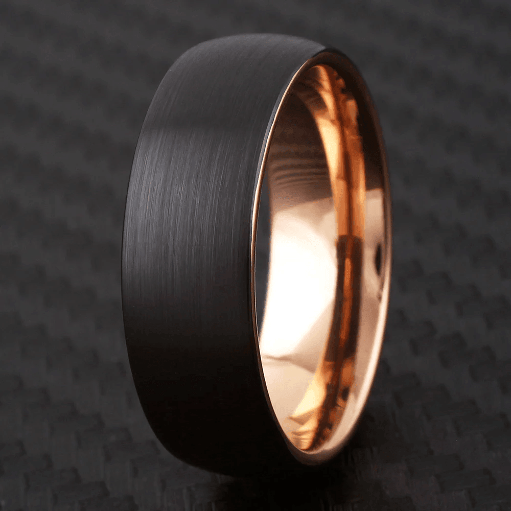 Black and Rose Gold Wedding Band Ring - Tungsten Engagement Band for Men & Women 6mm Satin Finish - Jewelry Store by Erik Rayo