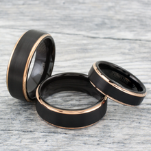 Load image into Gallery viewer, Men&#39;s Wedding Band Rings - Black Rose Gold Brushed - 6mm Wedding Rings for Men and Women
