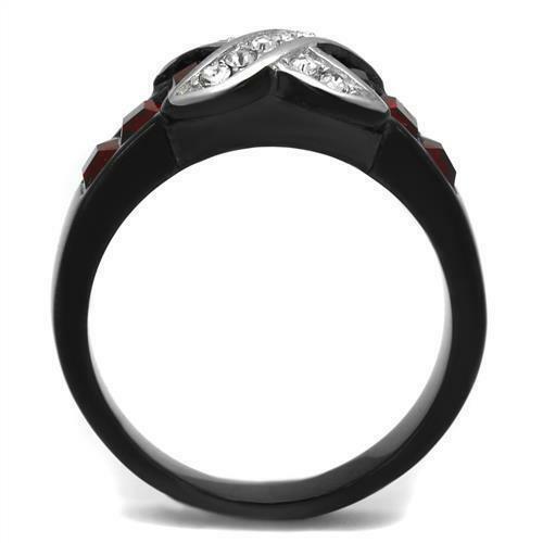 Black Stainless Steel Ruby Red Princess & Clear CZ Women's Fashion x Band Ring - Jewelry Store by Erik Rayo