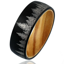 Load image into Gallery viewer, Black Tungten Wedding Band with Olive Wood - Pine Tree Forest Design - Satin Finish 8mm
