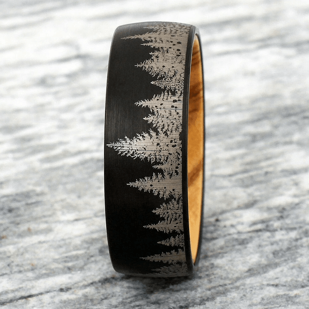 Black Tungten Wedding Band with Olive Wood - Pine Tree Forest Design - Satin Finish 6mm - Jewelry Store by Erik Rayo
