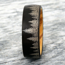 Load image into Gallery viewer, Black Tungten Wedding Band with Olive Wood - Pine Tree Forest Design - Satin Finish 8mm
