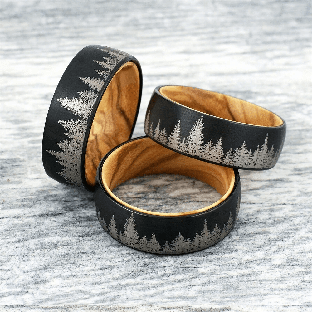 Black Tungten Wedding Band with Olive Wood - Pine Tree Forest Design - Satin Finish 6mm - Jewelry Store by Erik Rayo