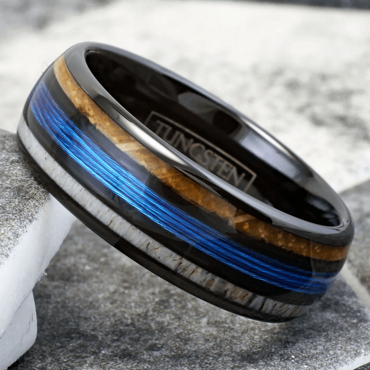 Blue Fishing Line Tungsten Carbide Wedding Band Ring for Men & Women – Whiskey Barrel Oak Wood & Deer Antler Inlays - Jewelry Store by Erik Rayo