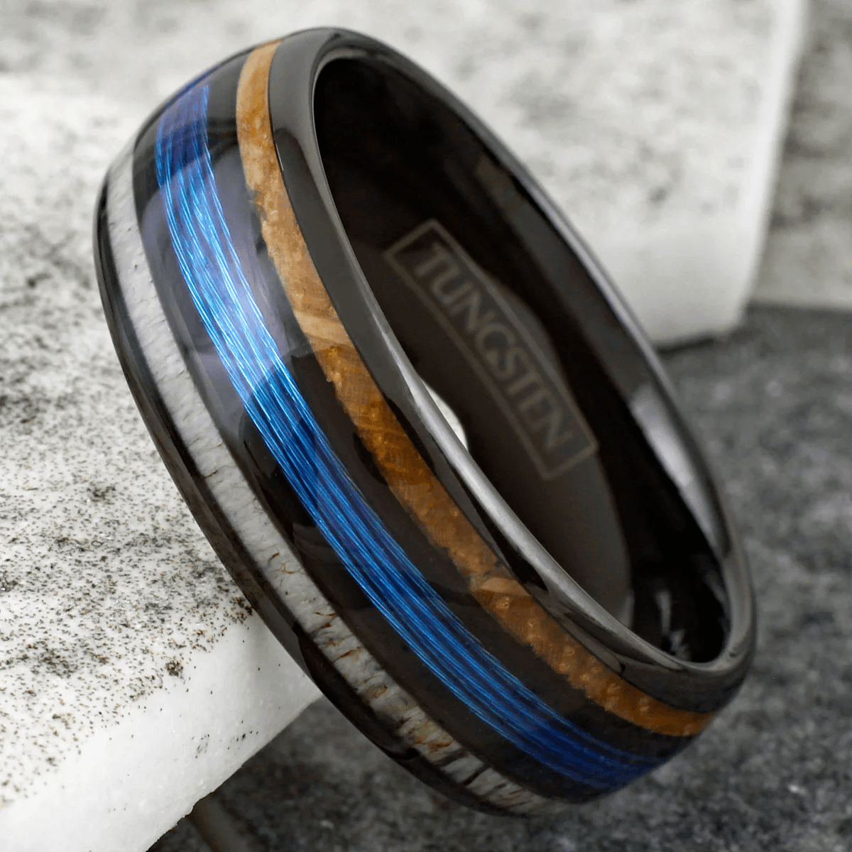 Blue Fishing Line Tungsten Carbide Wedding Band Ring for Men & Women – Whiskey Barrel Oak Wood & Deer Antler Inlays - Jewelry Store by Erik Rayo