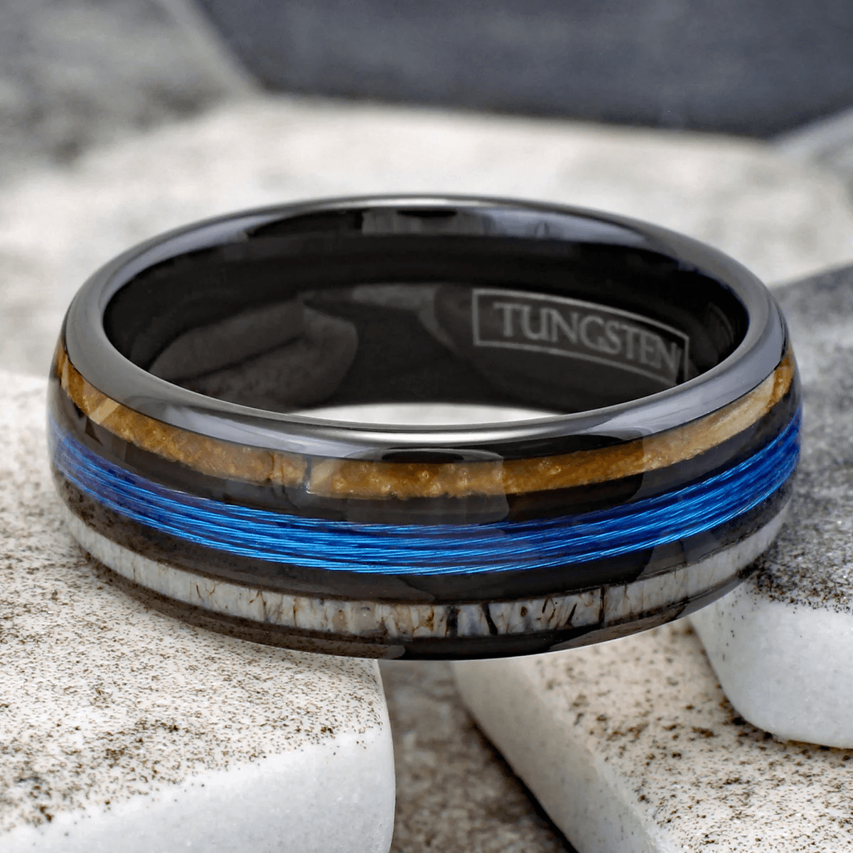 Blue Fishing Line Tungsten Carbide Wedding Band Ring for Men & Women – Whiskey Barrel Oak Wood & Deer Antler Inlays - Jewelry Store by Erik Rayo