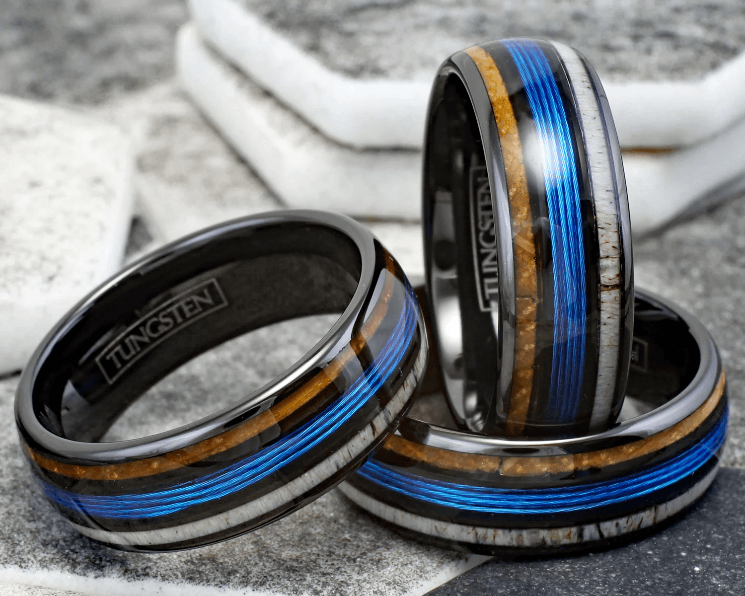 Blue Fishing Line Tungsten Carbide Wedding Band Ring for Men & Women – Whiskey Barrel Oak Wood & Deer Antler Inlays - Jewelry Store by Erik Rayo