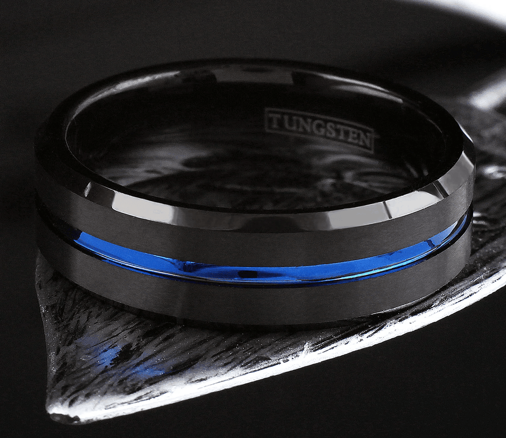 6mm Blue and Black Wedding Band Ring - Unisex Wedding Rings Brushed Finis - Jewelry Store by Erik Rayo