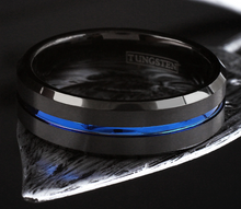 Load image into Gallery viewer, 6mm Blue and Black Wedding Band Ring - Unisex Wedding Rings Brushed Finis
