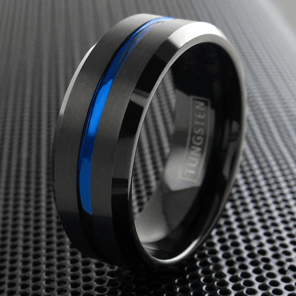 6mm Blue and Black Wedding Band Ring - Unisex Wedding Rings Brushed Finis - Jewelry Store by Erik Rayo