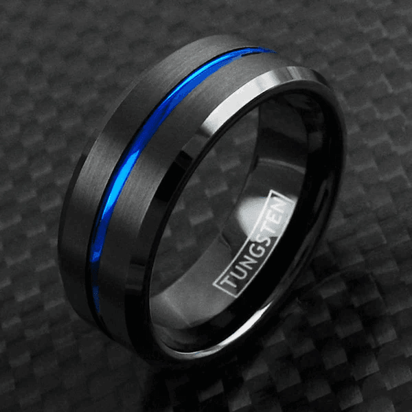 6mm Blue and Black Wedding Band Ring - Unisex Wedding Rings Brushed Finis - Jewelry Store by Erik Rayo