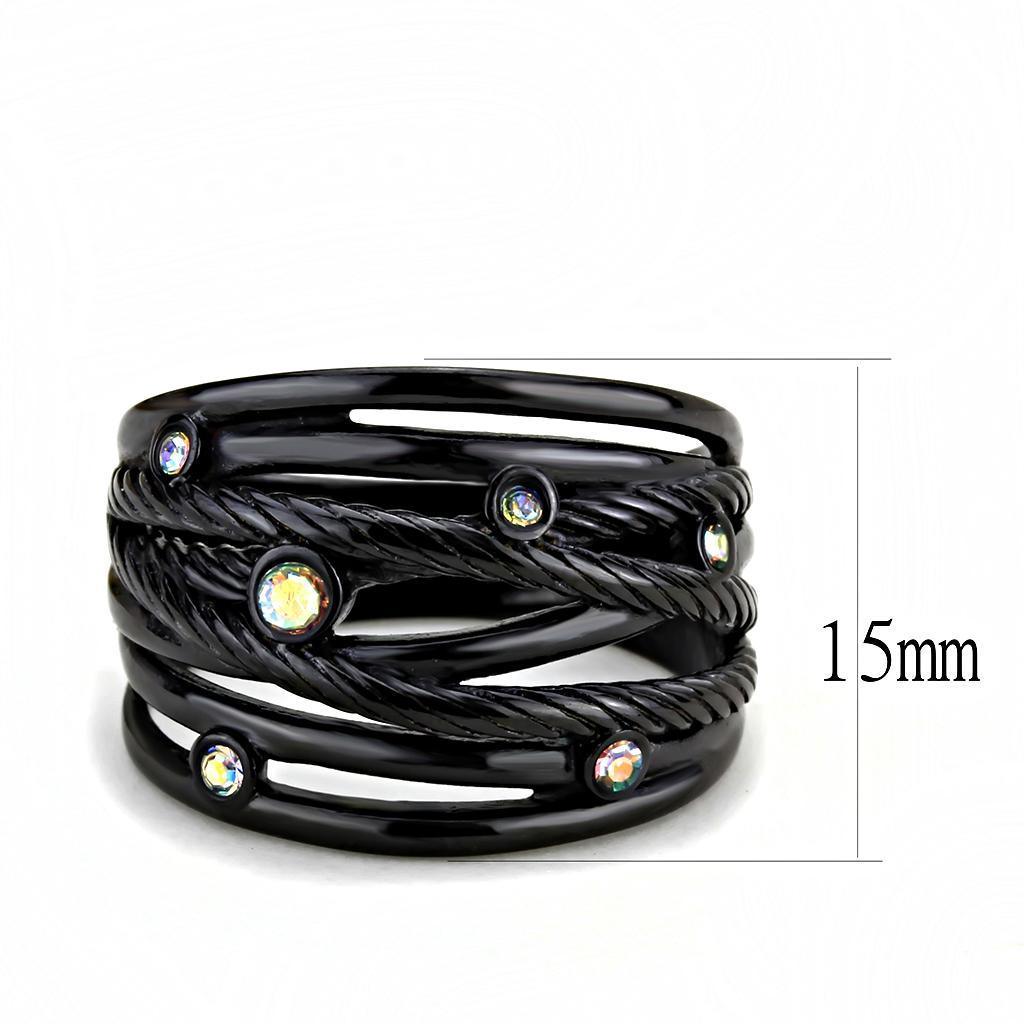 Black Rings for Women Anillo Para Mujer Stainless Steel Ring with Top Grade Crystal in Aurora Borealis (Rainbow Effect) - Jewelry Store by Erik Rayo