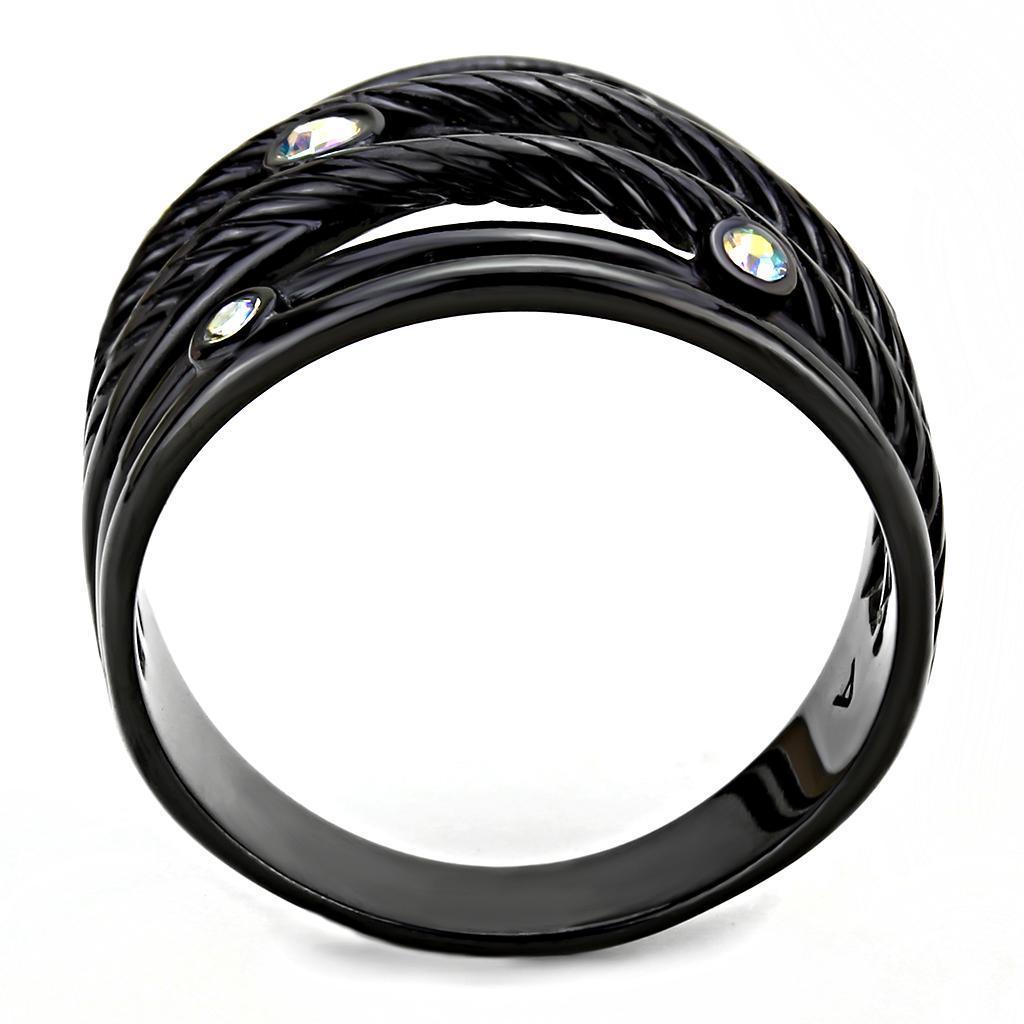 Black Rings for Women Anillo Para Mujer Stainless Steel Ring with Top Grade Crystal in Aurora Borealis (Rainbow Effect) - Jewelry Store by Erik Rayo