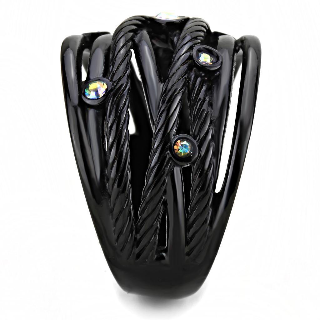 Black Rings for Women Anillo Para Mujer Stainless Steel Ring with Top Grade Crystal in Aurora Borealis (Rainbow Effect) - Jewelry Store by Erik Rayo