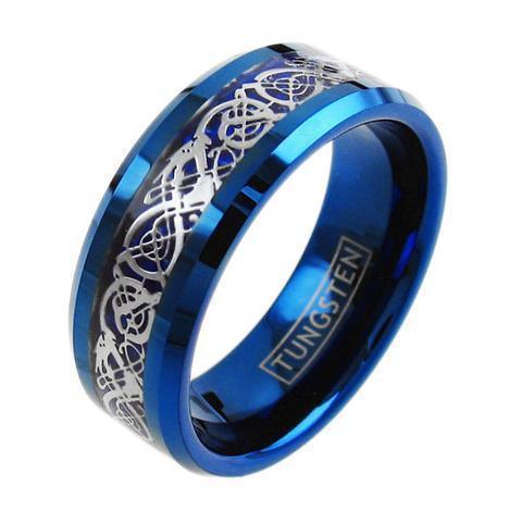 Tungsten Rings for Men Wedding Bands for Him Womens Wedding Bands for Her 8mm Blue IP Plated with Celtic Knot Dragon - Jewelry Store by Erik Rayo