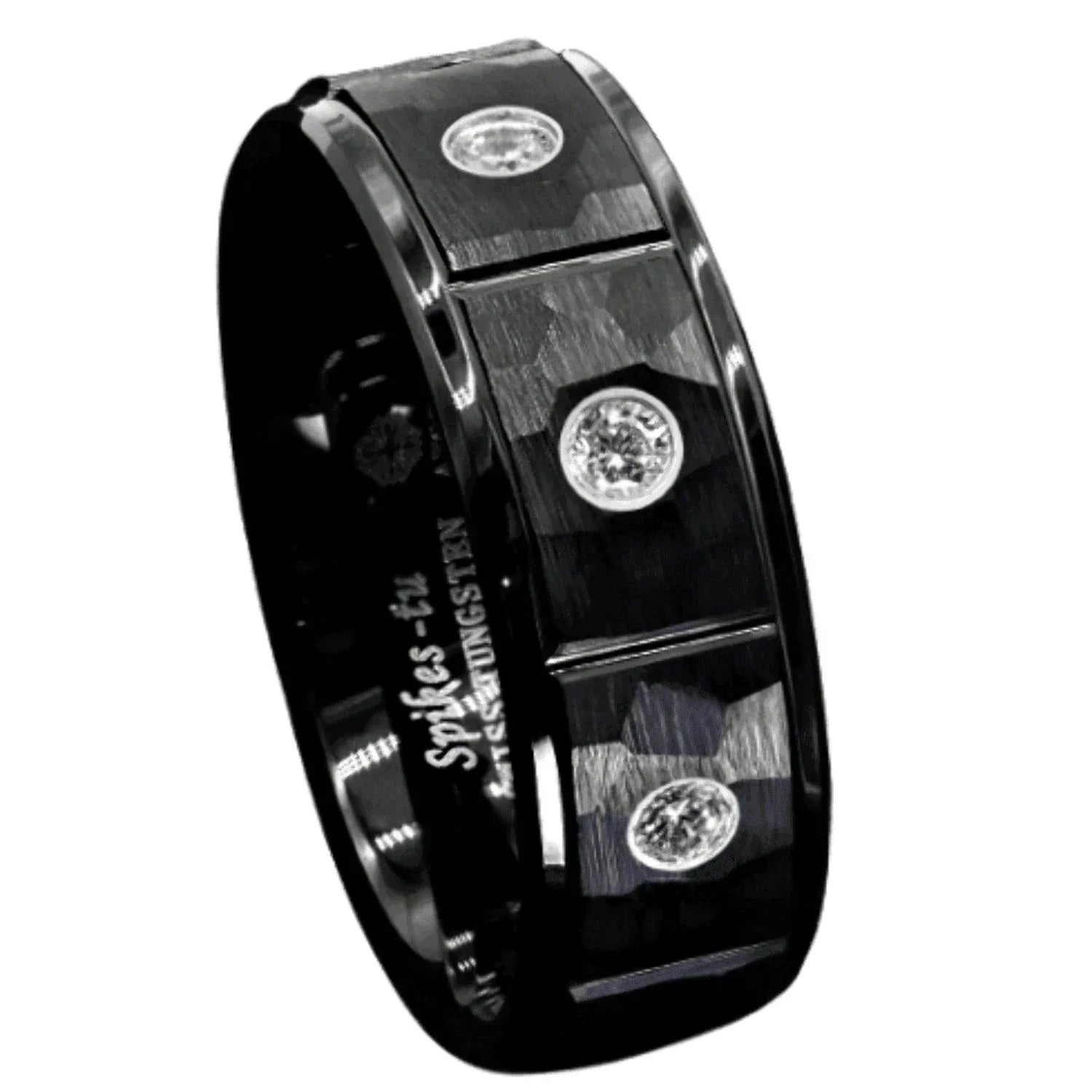 Tungsten Rings for Men Wedding Bands for Him Womens Wedding Bands for Her 8mm Black Brushed Rock Skin 3 Diamonds Inlay - Jewelry Store by Erik Rayo