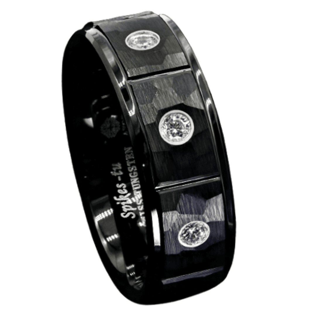 Tungsten Rings for Men Wedding Bands for Him Womens Wedding Bands for Her 8mm Black Brushed Rock Skin 3 Diamonds Inlay