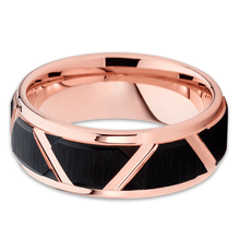 Load image into Gallery viewer, Tungsten Rings for Men Wedding Bands for Him Womens Wedding Bands for Her 8mm Black Brushed Trapezoid Center Rose Gold
