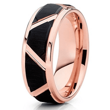 Load image into Gallery viewer, Tungsten Rings for Men Wedding Bands for Him Womens Wedding Bands for Her 8mm Black Brushed Trapezoid Center Rose Gold
