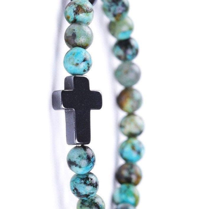 Bracelet Jesus Cross Christian Beaded Wristlet Howlite Natural Africa Stones - Jewelry Store by Erik Rayo