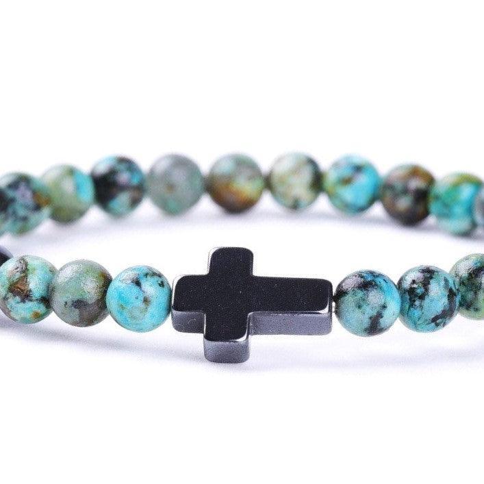 Bracelet Jesus Cross Christian Beaded Wristlet Howlite Natural Africa Stones - Jewelry Store by Erik Rayo