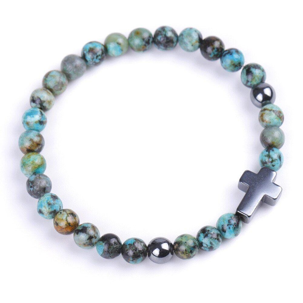 Bracelet Jesus Cross Christian Beaded Wristlet Howlite Natural Africa Stones - Jewelry Store by Erik Rayo