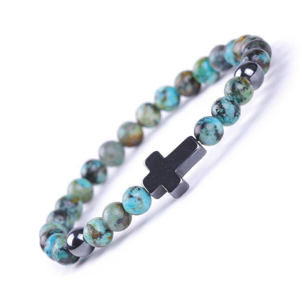 Bracelet Jesus Cross Christian Beaded Wristlet Howlite Natural Africa Stones - Jewelry Store by Erik Rayo