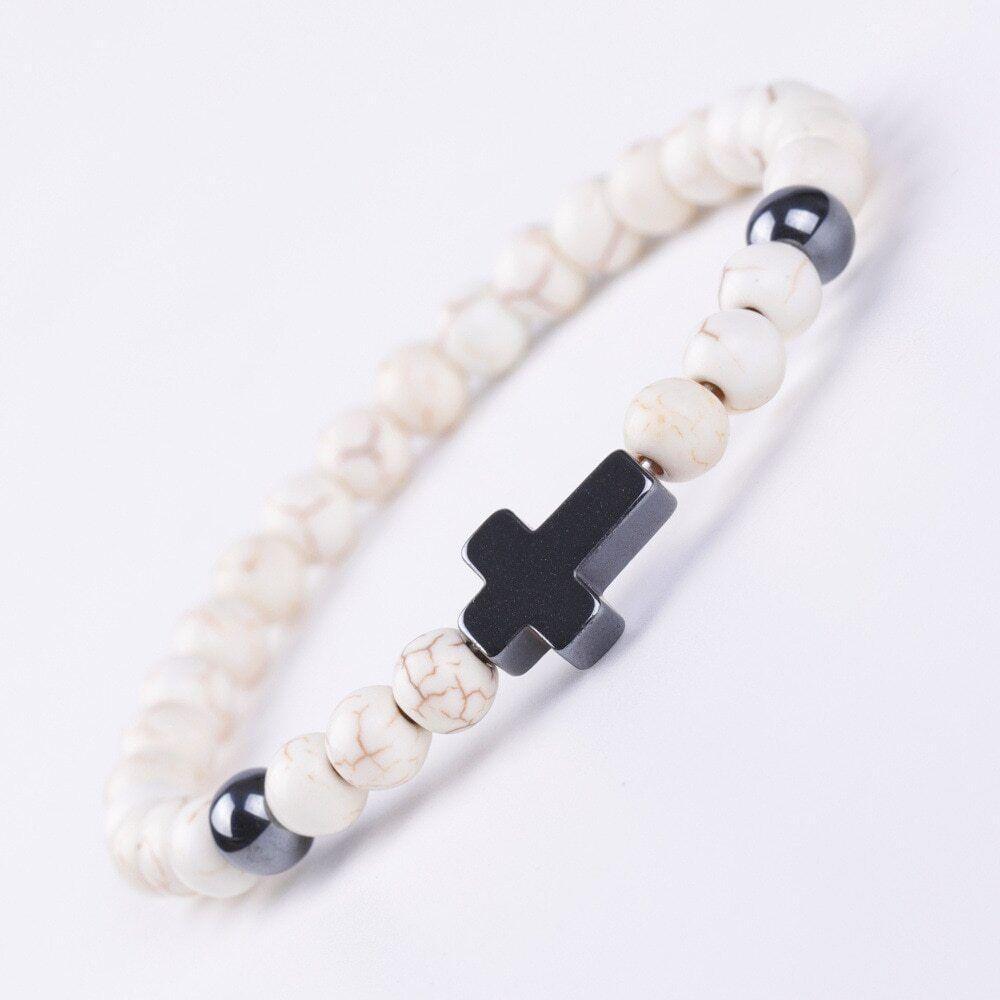 Bracelet Jesus Cross Christian Beaded Wristlet Howlite Natural Africa White Stones - Jewelry Store by Erik Rayo