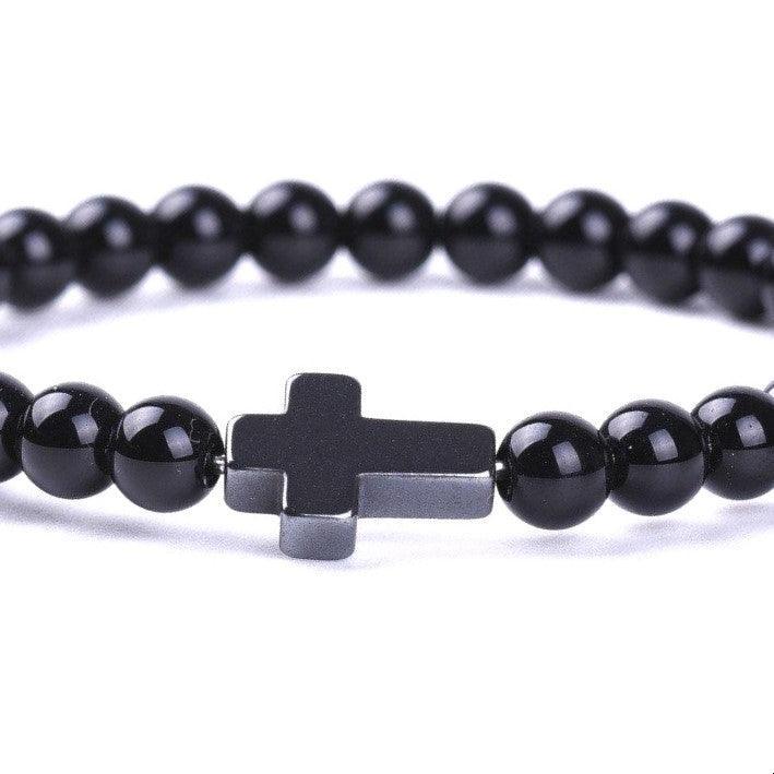 Bracelet Jesus Cross Christian Black Beaded Wristlet Howlite Natural Africa Stones - Jewelry Store by Erik Rayo