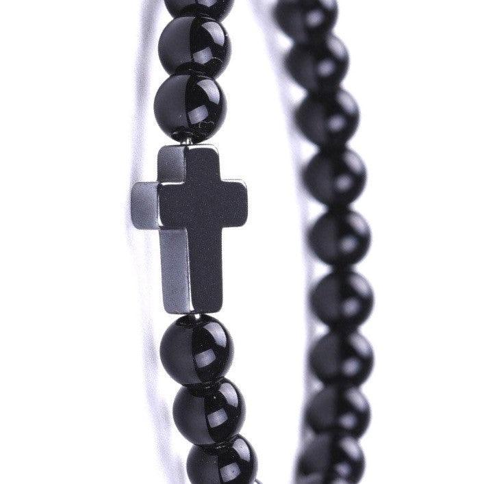 Bracelet Jesus Cross Christian Black Beaded Wristlet Howlite Natural Africa Stones - Jewelry Store by Erik Rayo